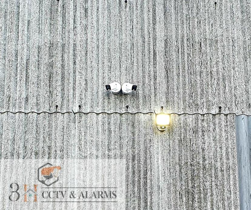 Two bullet cameras and security light on commercial building